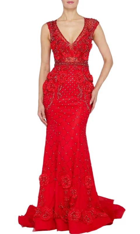 Women's Clothes For Outdoor Events Charming Silhouette 3D Floral Applique Beaded Evening Dress In Red