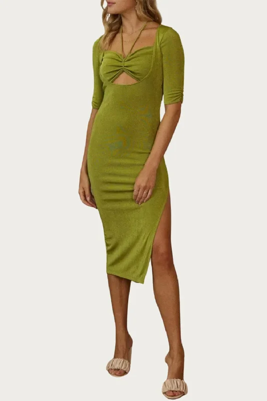 Women's Cozy Winter Attire Weekend Special Cutout Halter-Neck Midi Dress In Basil