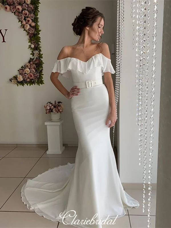 Vintage-Inspired Garments Statement Piece Off Shoulder Long Mermaid Ivory Chiffon Wedding Dresses