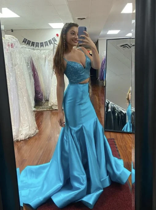 Women's Clothing For Outdoor Events Spring Fling Sale Blue satin prom dress two pieces evening dress   cg10941