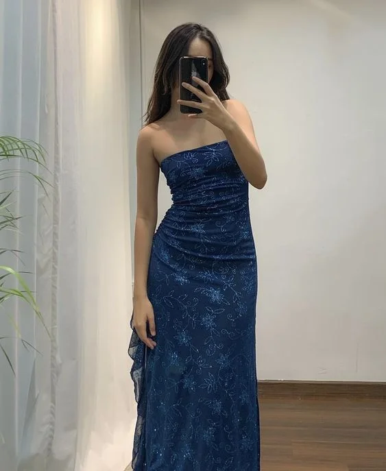 Women's Trendy Activewear Apparel Score Big on Glamorous Red - Carpet Styles Elegant Sheath Strapless Navy Blue Long Prom Dresses Evening Gowns C3020