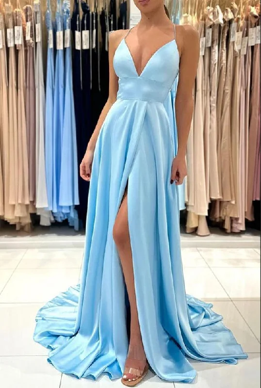 Women's Office Outfit End - of - Month Blowout Women V-Neck Blue Prom Dresses Long Side Slit Evening Gowns Formal Party Dress YPD309