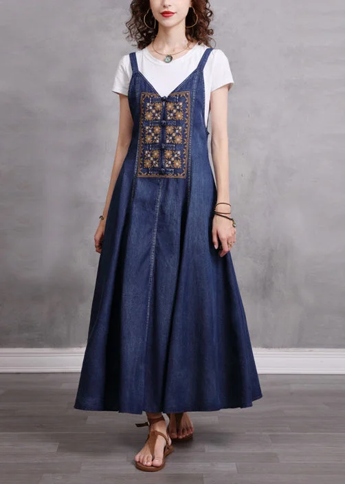 Casual Clothing For Women Classic Timeless Elegant Style Women Blue V Neck Embroideried Spaghetti Strap Cotton Long Dress Sleeveless