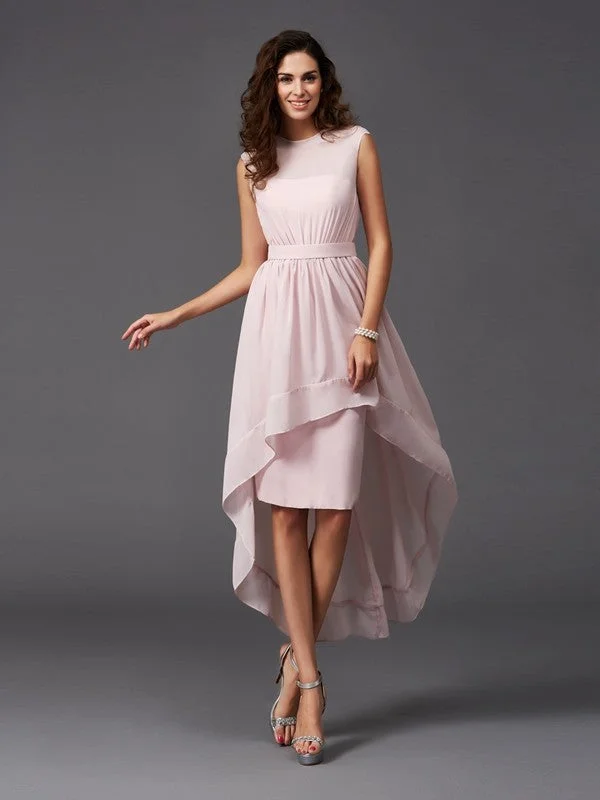 Charming Women's Outfit For Special Occasions Fashion-Forward Style A-Line/Princess Scoop Sash/Ribbon/Belt Sleeveless High Low Chiffon Bridesmaid Dresses