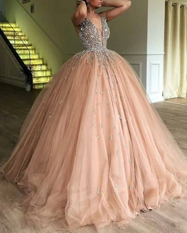 Women's Clothing And Garments Sets Flowy Fabric Women Ball Gown Beading Prom Dresses Long V-Neck Evening Gowns Formal Party Dress YPD576