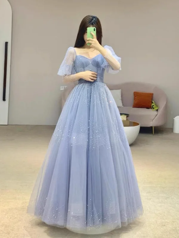 Women's Trendy Clothes Spring Fling Sale Chic Ball Gown Strapless Blue Tulle Long Prom Dresses With Beads Party Dress C3209