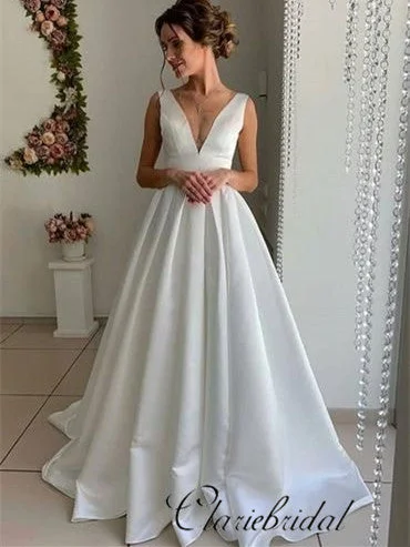 Women's Clothing For Holiday Travel Today Only V-neck Sleeveless A-line Ivory Satin Long Wedding Dresses