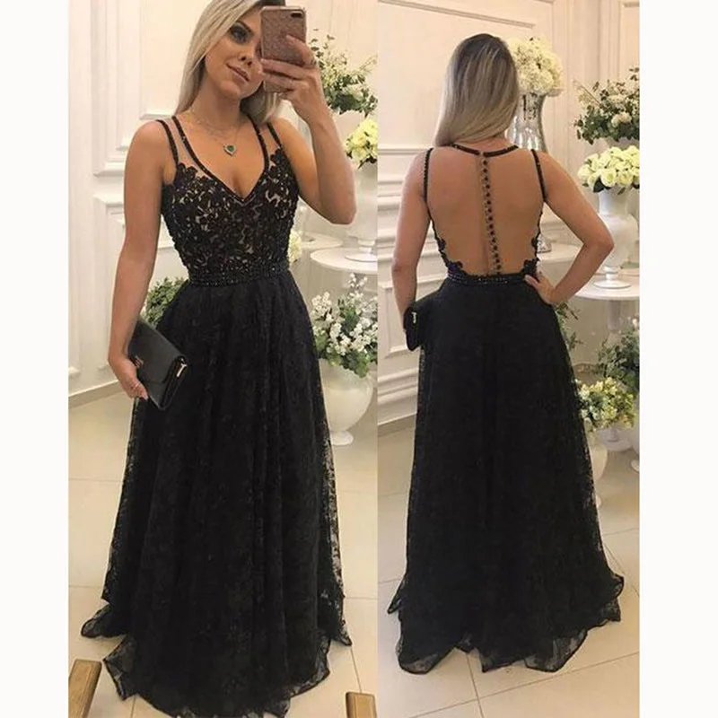 Comfortable Women's Clothing Dreamy Draping LP2583 Trendiest Black Lace Prom Dress Sexy V Neck Sleeves Evening Party Gown  Vestido De Festa 2018