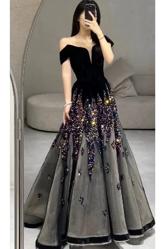 Modern Women's Outfit Seasonal Trend Elegant Ball Gown Off The Shoulder Black Short Sleeves Sequin Evening Dress Long Prom Dresses C3584