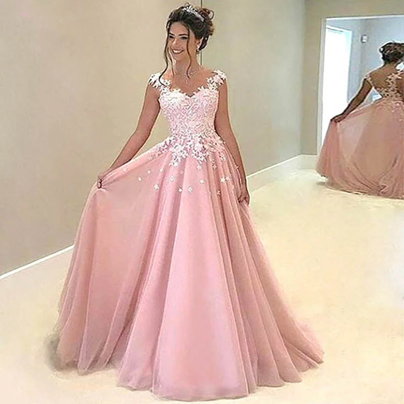 Women's Evening Garments Mother's Day Special Fancy Pink Appliqued Lace Long 2020 Prom Dress balo elbiseleri Women Formal Party Gown