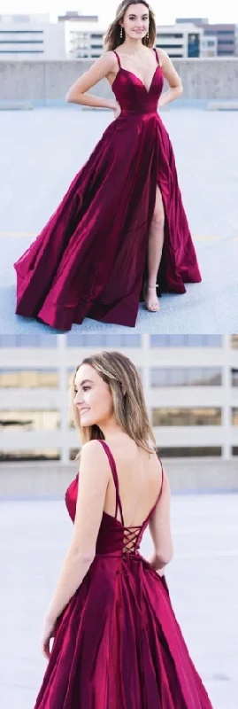 Women's Outerwear Garments Polished Finish SIMPLE BURGUNDY SATIN LONG PROM DRESS BURGUNDY FORMAL DRESS  cg9579