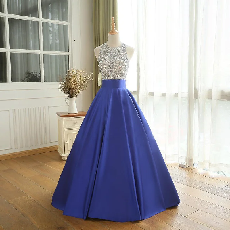 Stylish Women's Garments Bold Silhouette Royal Blue Satin Sequins Top Ball Gown Prom Dress, Blue PartyDress Long Formal Dress   cg16499