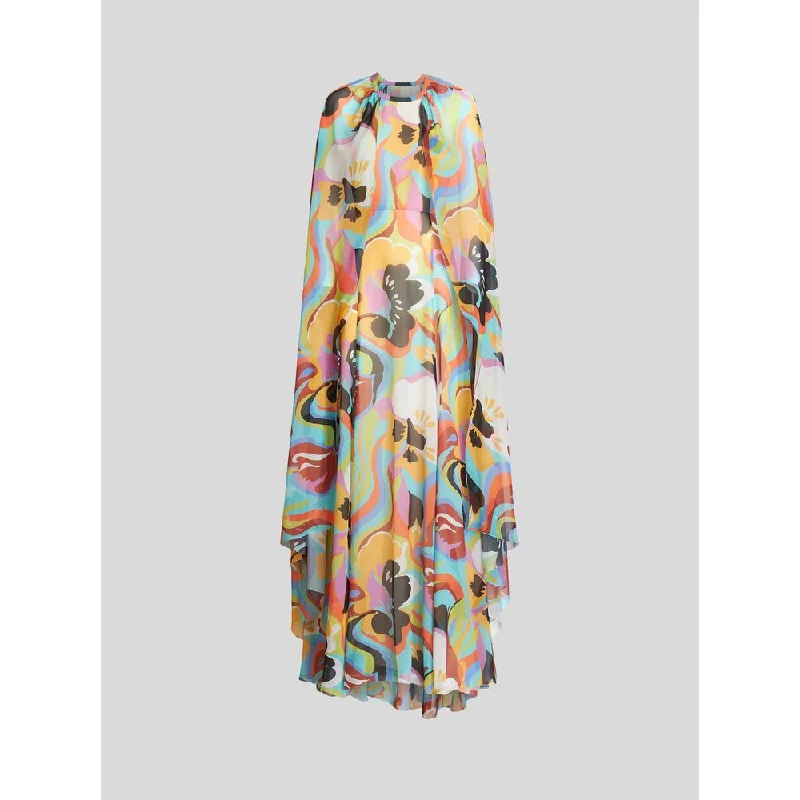 Women's Vintage-Inspired Outfit Early Access to Art Deco Styles Sale Long Silk Dress With Multi-coloured Floral Waves