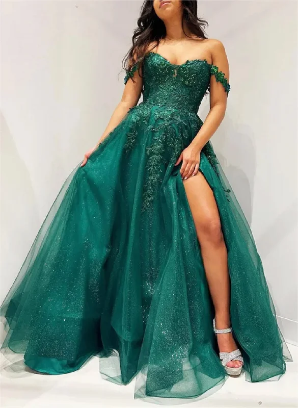 Elegant Women's Attire Feminine Soft - Hued Look Women A-Line Lace Prom Dresses Long Slit Off Shoulder Appliques Evening Gowns Sleeveless Formal Party Dress YPD633