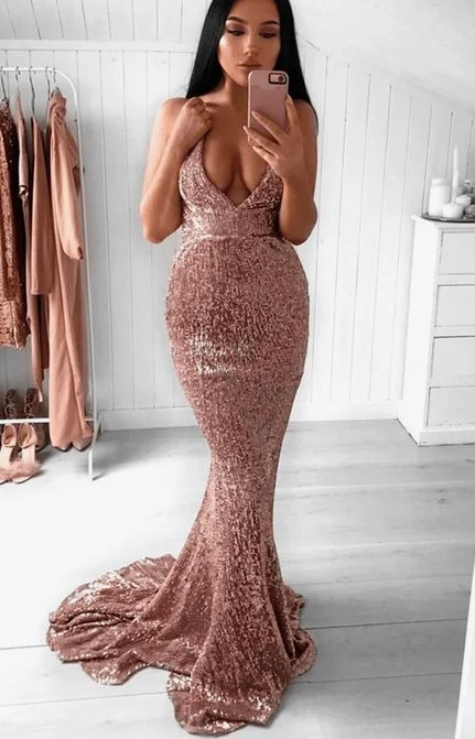 Women's Cozy Winter Attire Mermaid backless prom party dresses, fashion rose pink evening gowns, chic v neck formal gowns cg5385