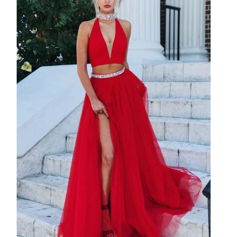 Comfortable Women's Clothes Clearance Event Fashion New Halter Red Prom Dress Two Pieces Ballroom Dance Gown Sexy V Neck Party Dress