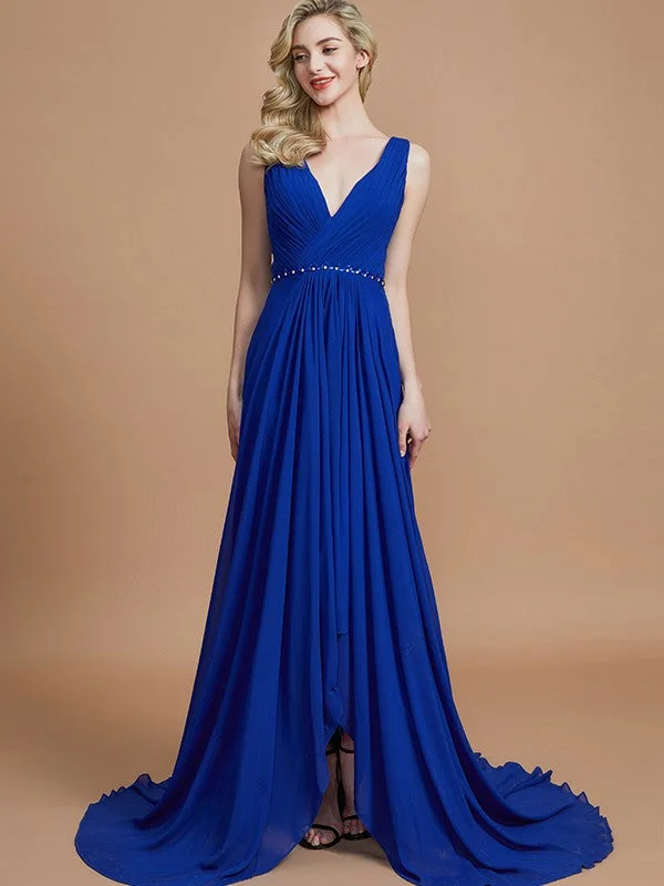 Classic Women's Clothing Styles Now on Sale for Chic Urban Styles A-Line/Princess Sleeveless V-neck Chiffon Sweep/Brush Train Bridesmaid Dresses