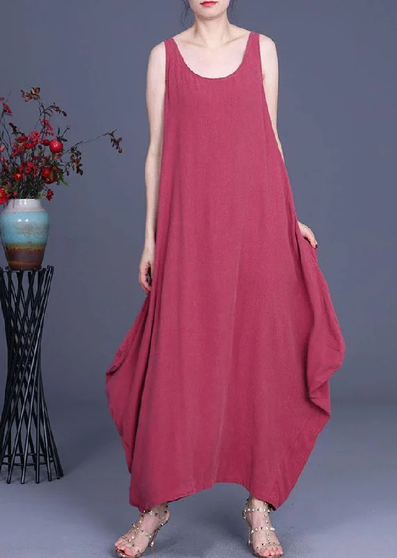 Women's Clothing For Special Occasions Today Only Trendy Red O-Neck Asymmetrical Design Summer Silk Dresses Sleeveless