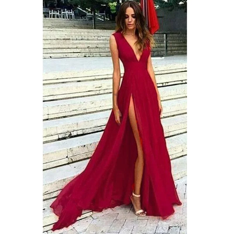 Women's Professional Attire Boho - Chic Festival - Ready Style Gorgeous Red Dresses Prom Long Gown Sexy Split Deep V neck Evening Party Gown 2020