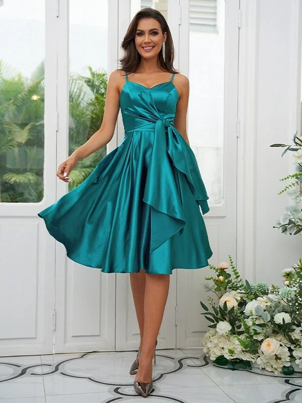 Women's Trendy Outfit Great Prices on Feminine Styles A-Line/Princess Elastic Woven Satin Ruffles Spaghetti Straps Sleeveless Knee-Length Bridesmaid Dresses