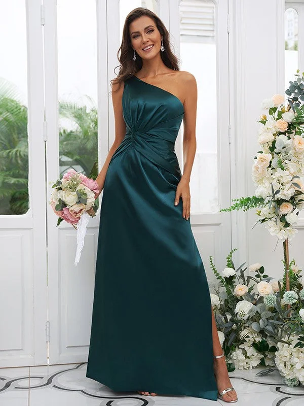 Women's High-Fashion Garments Luxury Comfort Sheath/Column Elastic Woven Satin Ruched One-Shoulder Sleeveless Floor-Length Bridesmaid Dresses