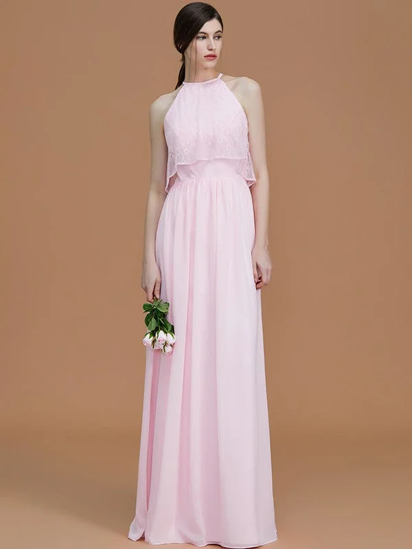 Women's Clothing For Everyday Wear Luxe Layering A-Line/Princess Halter Sleeveless Floor-Length Ruffles Chiffon Bridesmaid Dresses