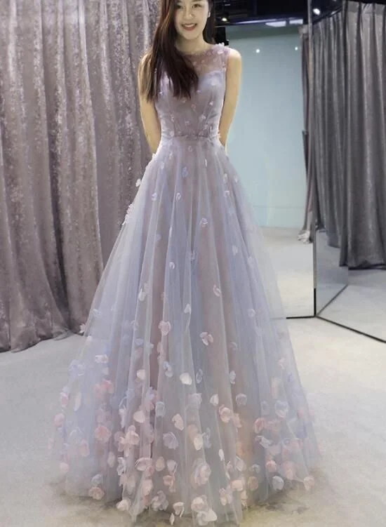 Stylish Outerwear Clothing For Women Light Blue Tulle with Flowers Elegant Long Party Gown, Beautiful prom Gown   cg7092