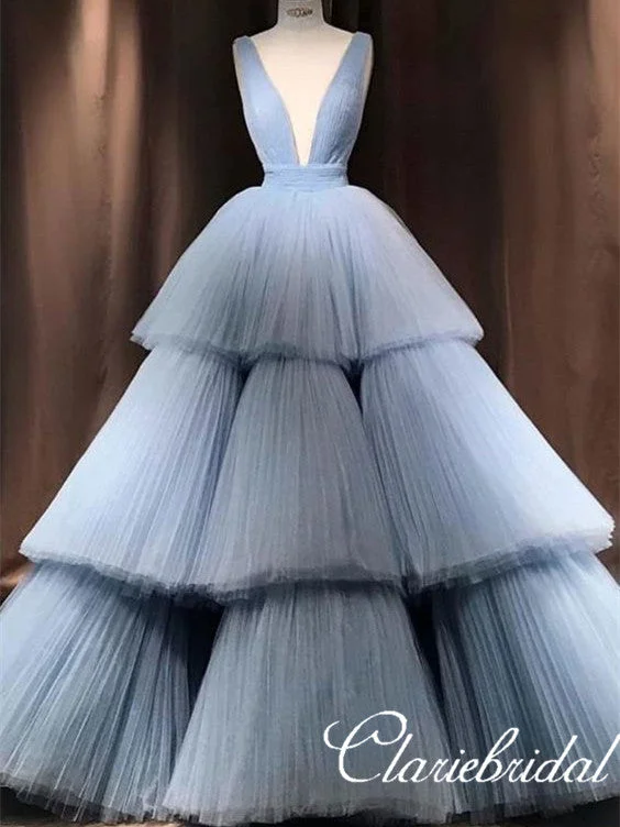 Stylish Outerwear Clothing For Women Save on Classic Elegant Styles Deep V-neck Luvury Blue Tulle Bridal Gown, Long Wedding Dresses