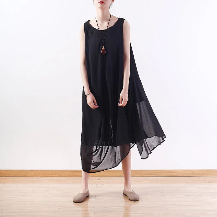 Women's Clothes For Special Occasions Feminine Elegance stylish black natural chiffon dress plus size asymmetric hem chiffon casual sleeveless dresses