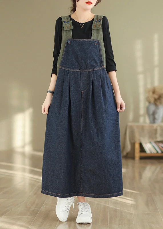 Sustainable Women's Clothing Weekend Special Women Navy Button Wrinkled Denim Long Dress Sleeveless