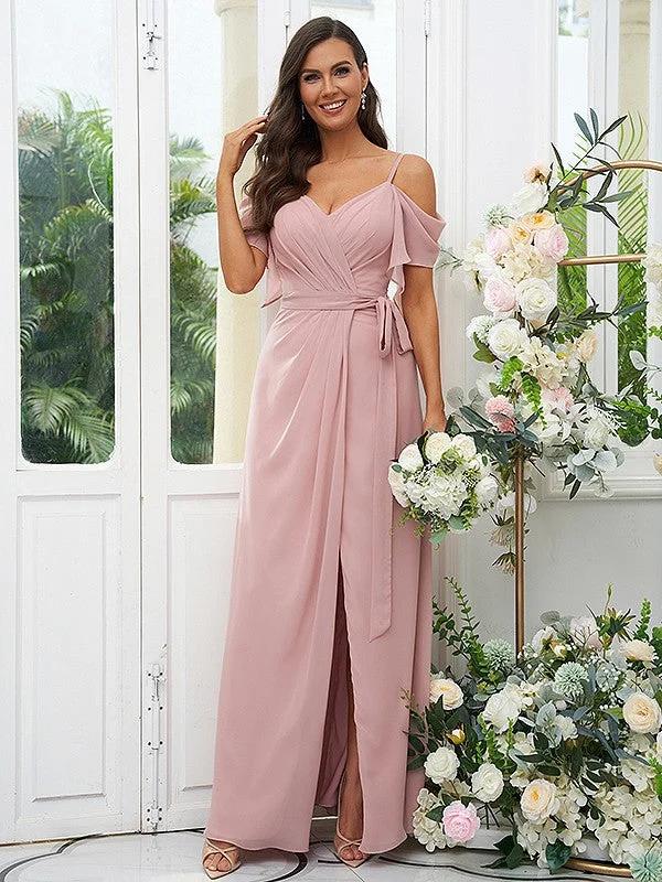 Casual Garments For Women Summer Splash Sale A-Line/Princess Chiffon Ruched V-neck Short Sleeves Floor-Length Bridesmaid Dresses