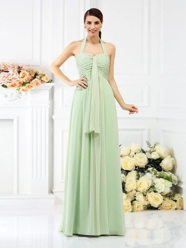 Women's Night-Out Clothes Dreamy Draping A-Line/Princess Halter Pleats Sleeveless Long Chiffon Bridesmaid Dresses