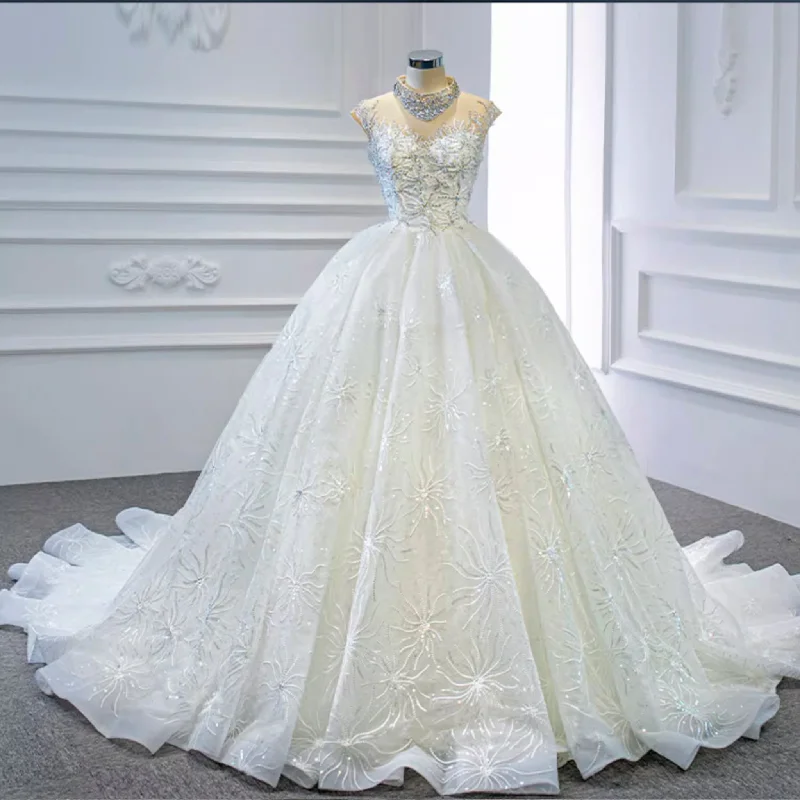 Elegant Women's Evening Garments Elevated Style Vintage High Neck Beaded Wedding Dress Floral Lace Bridal Gown