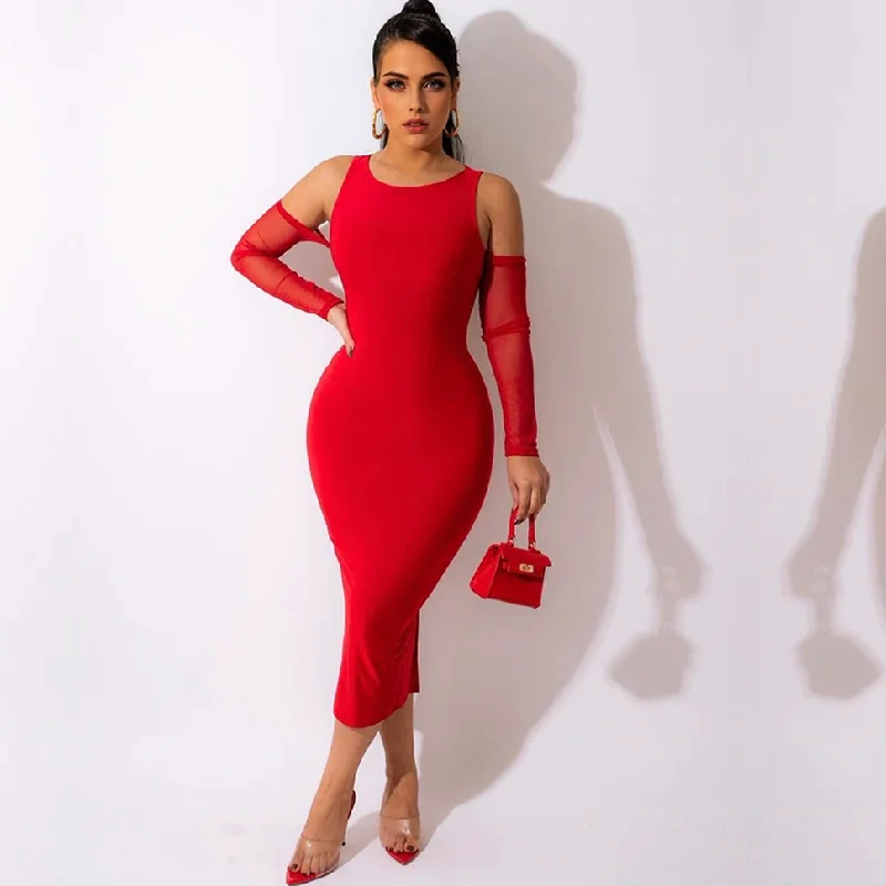 Women's Clothes And Apparel Sets Update with Cottagecore Styles Julia Fashion - Sexy Off Shoulder Mesh Long Sleeve Bodycon Midi Dress