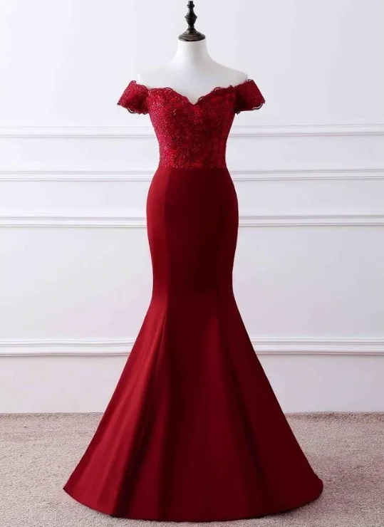 Women's Evening Wear Attire Big Savings on Rustic Countryside Styles Wine Red Satin Mermaid Long Party Dress, Off Shoulder Formal Dress Evening Dress Prom Dress   cg17058