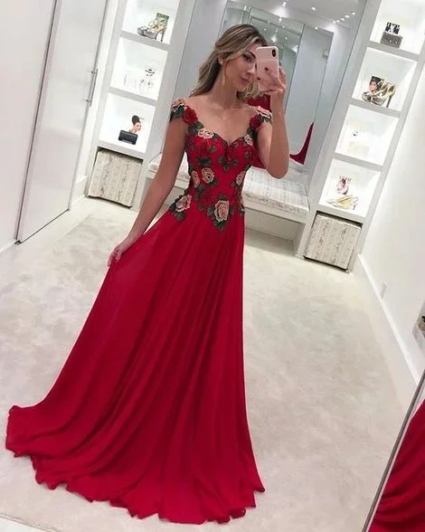 Sustainable Fashion Clothing For Women Father's Day Deals Long A Line Red Prom Dress with Flower, V Neck Satin Evening Party Gown    cg10235