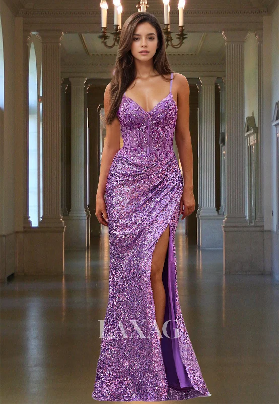 Vintage-Inspired Women's Apparel Update with Cottagecore Styles V-Neck Spaghetti Straps Sleeveless Fully Sequined Floor-Length Mermaid Prom Dress with High Slit