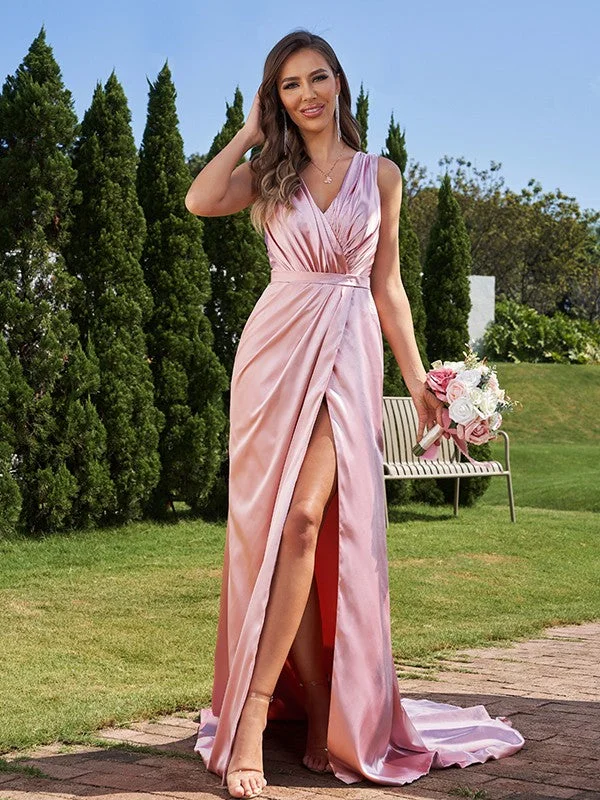 Women's Holiday Outfit Minimalist Chic A-Line/Princess Elastic Woven Satin Ruched V-neck Sleeveless Sweep/Brush Train Bridesmaid Dresses