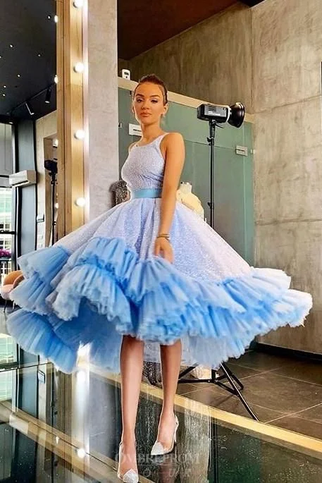 Women's Trendy Casual Clothes Sparkly Light Blue Bateau Ball Gown Short Backless Prom Dress  cg7761