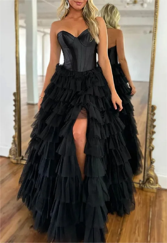 Women's Casual Attire Parisian Effortless Chic Style Women Strapless Tulle Prom Dresses Long Sweetheart Slit Evening Gowns Sleeveless Formal Party Dress YPD629