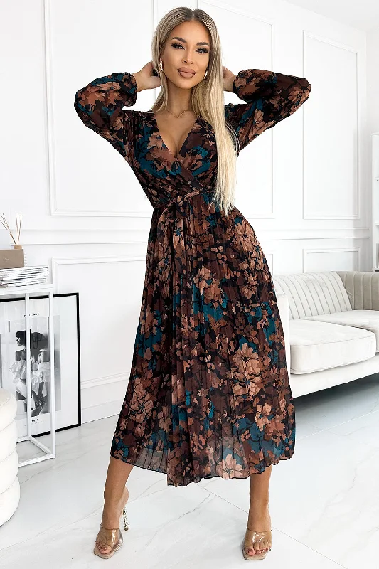 Luxury Women's Clothes Refined Simplicity Pleated chiffon long dress with a neckline; long sleeves and a belt - brown-blue flowers