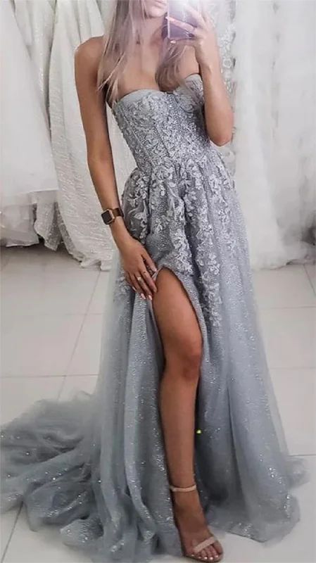 Women's Seasonal Wardrobe Clothing Limited - Edition Drops Women Strapless Lace Prom Dresses Long Appliques Evening Gowns Sleeveless Formal Party Dress YPD688