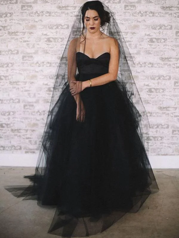 Sustainable Women's Clothing Save on Inspired Styles Sweetheart Long A-line Black Tulle Wedding Dresses, Bridal Gown