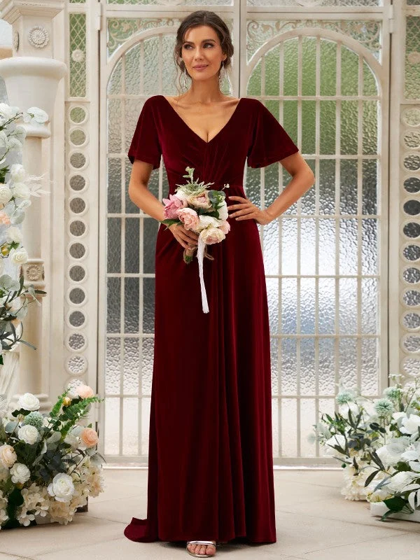 Women's Work Outfit Anniversary Sale A-Line/Princess Velvet Ruched V-neck Short Sleeves Sweep/Brush Train Bridesmaid Dresses