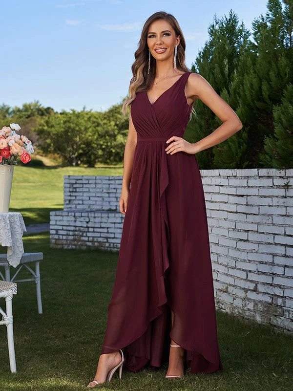 Women's Vacation Attire Today Only A-Line/Princess Chiffon Ruched V-Neck Sleeveless Floor-Length Bridesmaid Dresses