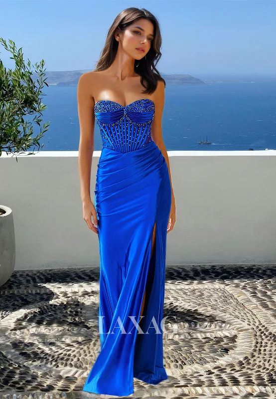 Women's Fashion-Forward Apparel Feminine Charm Beaded Sweetheart Off-Shoulder Sleeveless Pleated Floor-Length Mearmaid Prom Dress with Slit