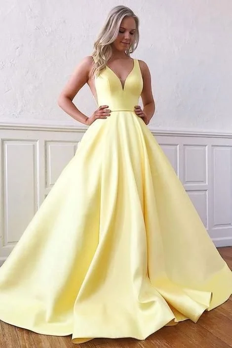 Women's Casual Garments Feminine Charm Simple yellow v neck satin long prom dress yellow formal dress  cg8845