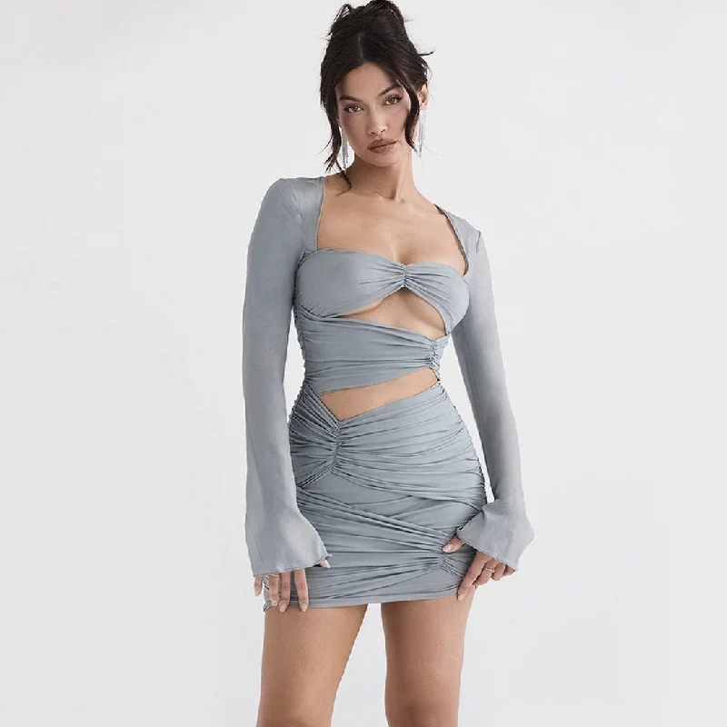 Women's Stylish Professional Apparel Buy More, Save More Ruched Cut Out Wrap Trim Long Sleeve Bodycon Party Mini Dress - Gray