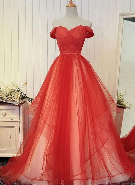 Women's Clothes For Work Gorgeous Red Tulle Party Gown, Off The Shoulder Formal Dress, Red prom Gown  cg8453