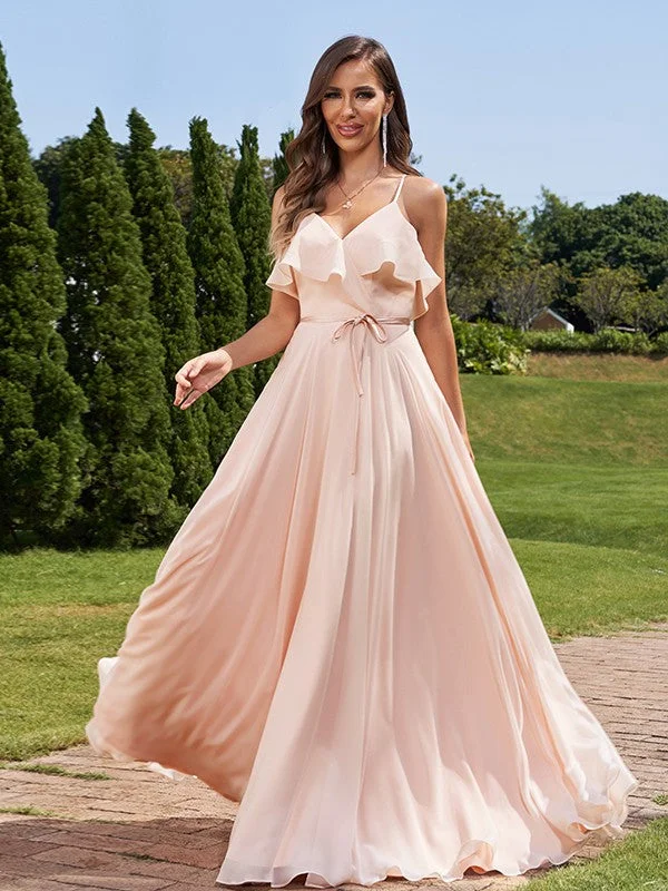 Women's Athletic Outfit Bold Silhouette A-Line/Princess Chiffon Sash/Ribbon/Belt V-Neck Sleeveless Floor-Length Bridesmaid Dresses